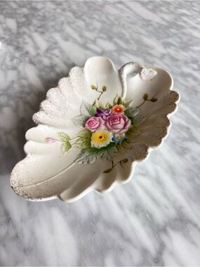 Lefton Handpainted Floral Ceramic Ashtray Pink White
